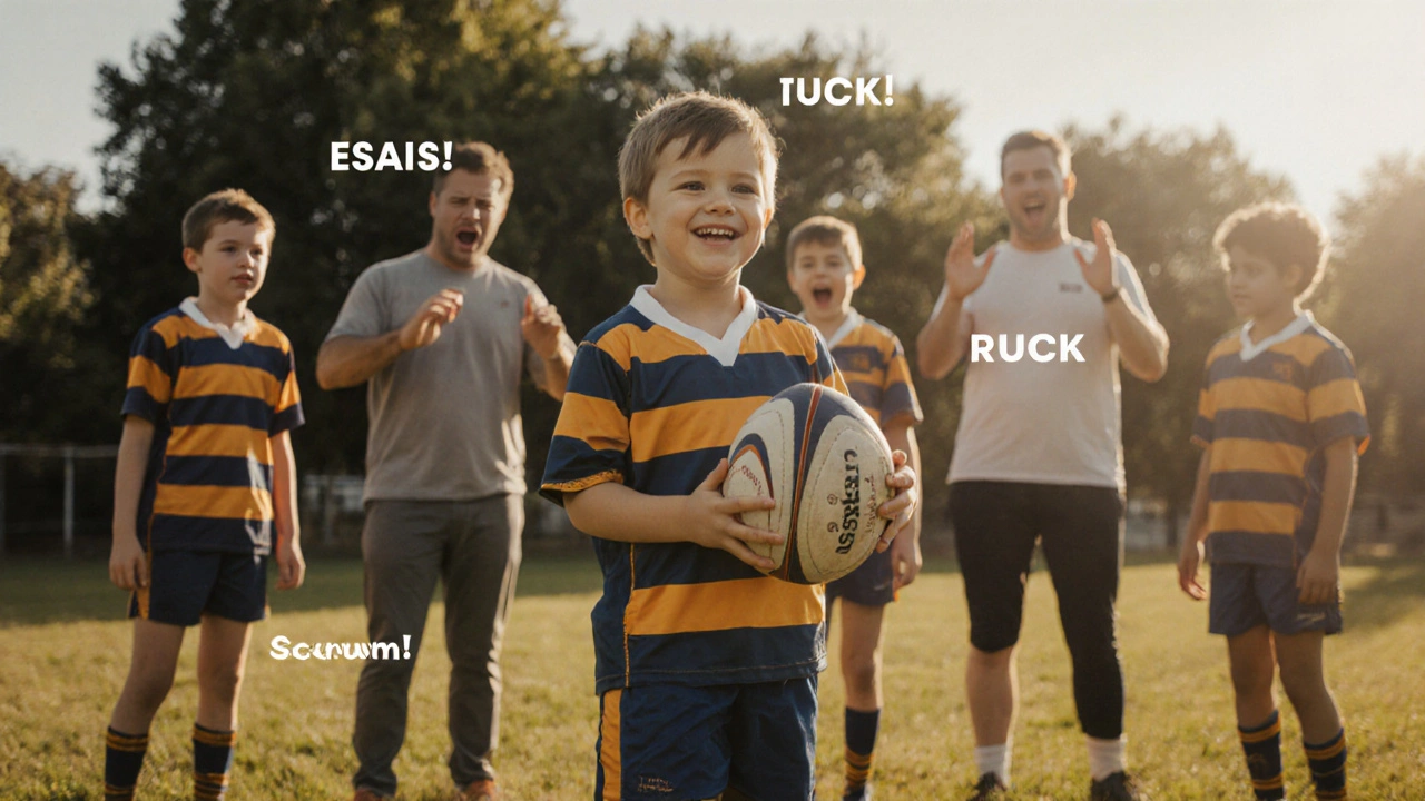Young French child holding a rugby ball during a local club practice on a sunny field.