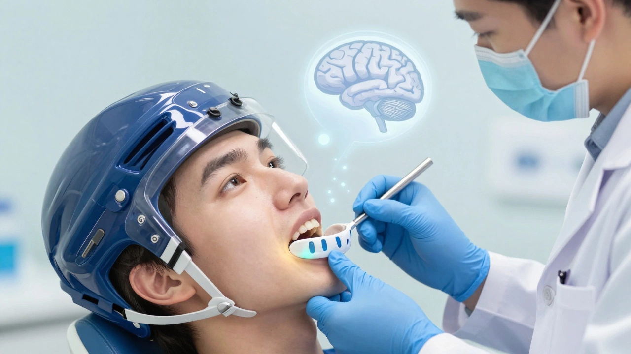 A dentist fitting a custom mouthguard for a hockey player.
