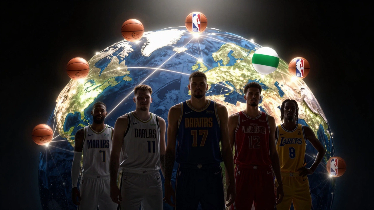 A glowing globe with NBA connections across continents and silhouettes of global players united under a spotlight.