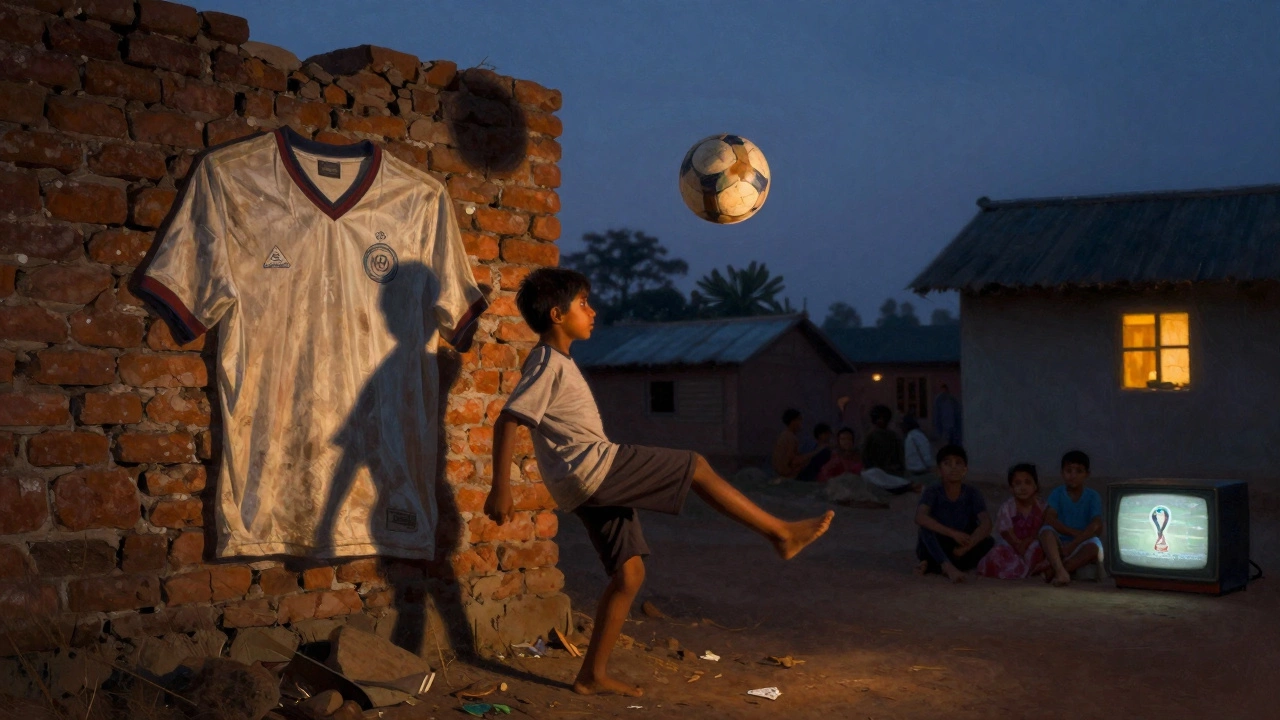 A lone child practices kicks against a wall at dusk, wearing an oversized jersey.