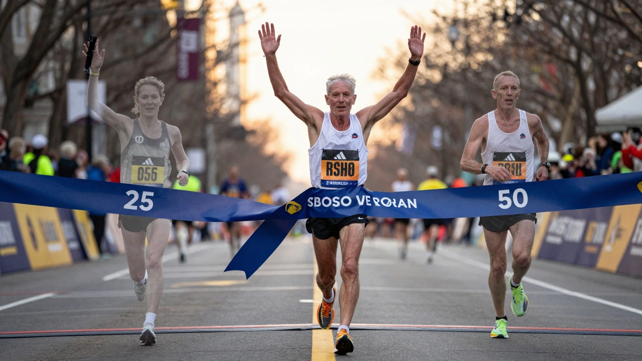 A runner crossing the finish line with translucent images of their younger and older selves.