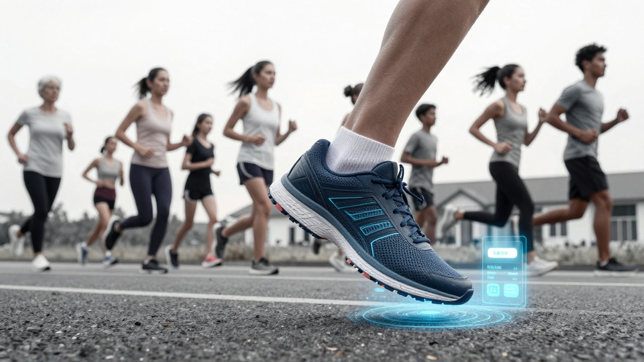 A running shoe with holographic data display, surrounded by diverse users in various environments.