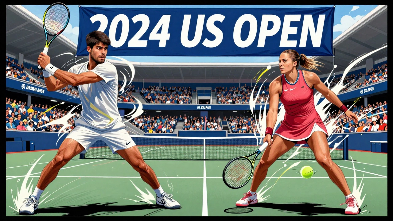 Comic-style trio of top tennis stars in action, stadium behind them, dramatic energy lines surrounding them.