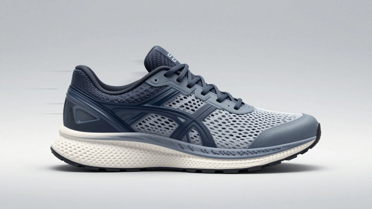 Cross-section of a running shoe displaying foam, rubber, and mesh layers designed for cushioning and breathability.