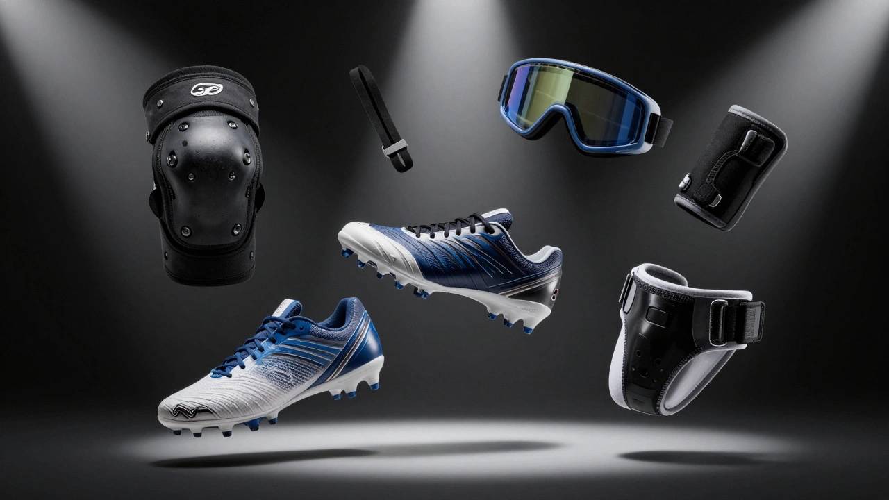 Essential sports safety gear floating dramatically under spotlights.