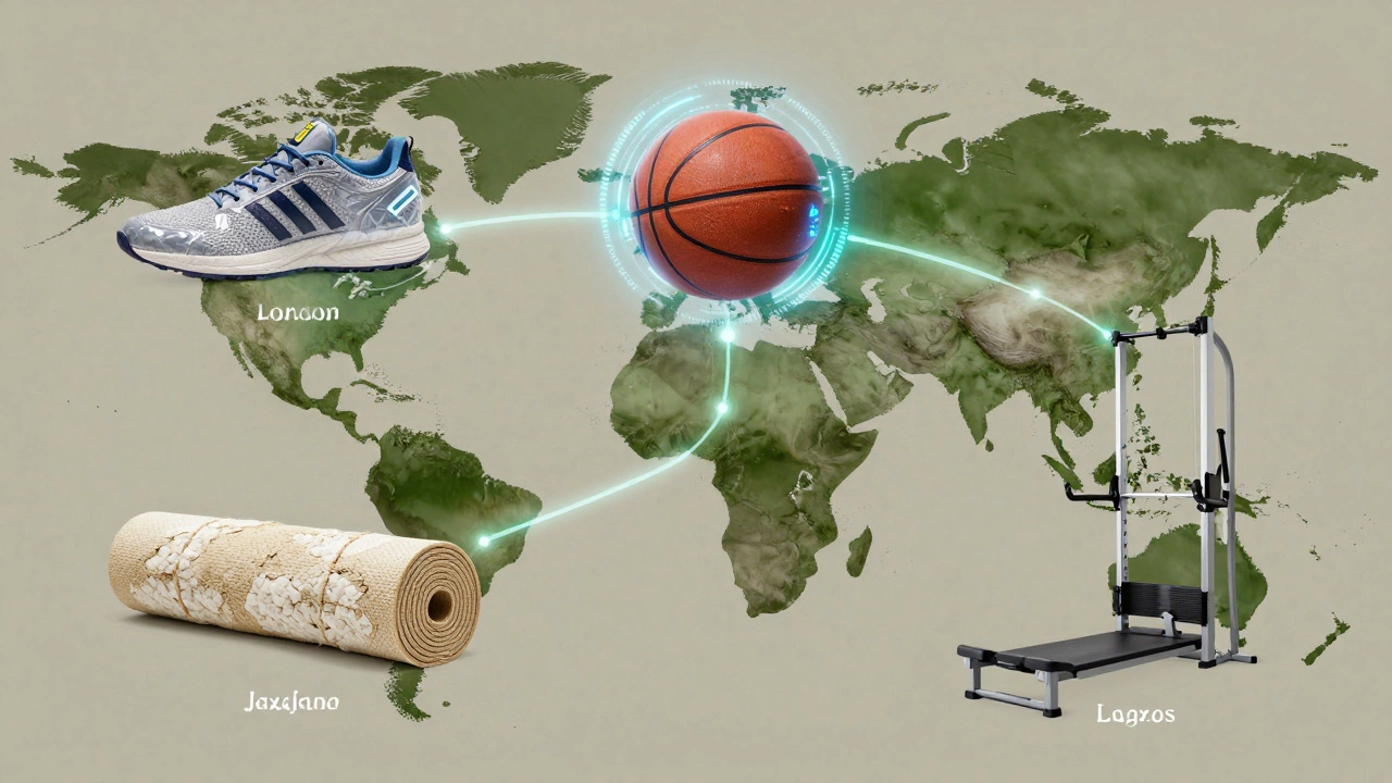 Global icons of sustainable sports gear connected by glowing threads across a world map.