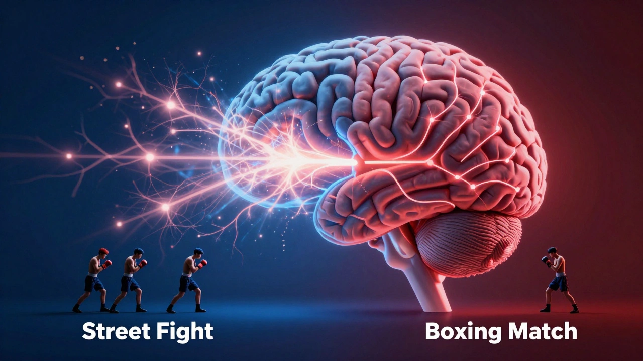 Human brain divided into chaotic and structured neural patterns symbolizing fight vs boxing.