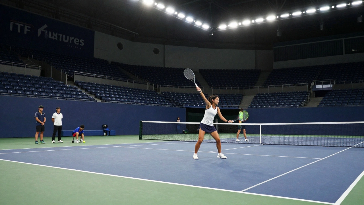 Maya Joint serving at ITF tournament in Manila, scouts watching as rising stars compete on quiet court.