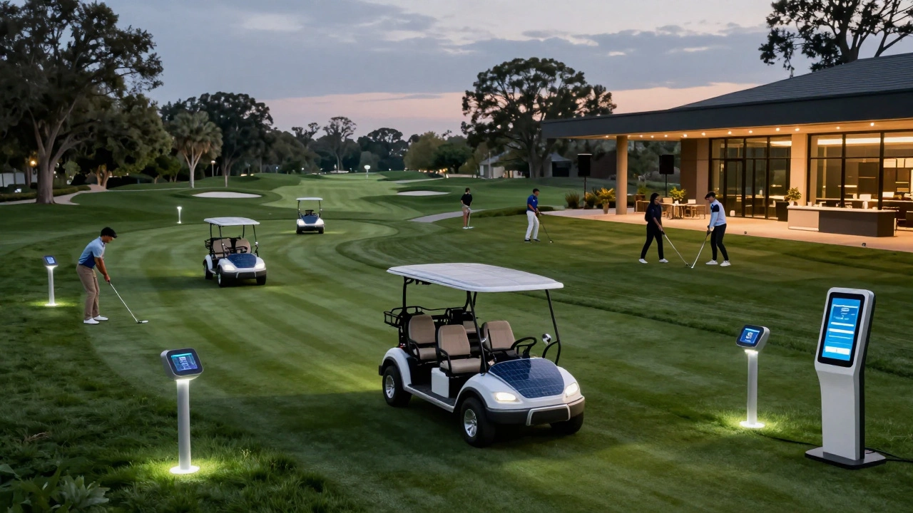 Modern golf course at dusk with solar carts, AI monitors, and diverse players under ambient light.