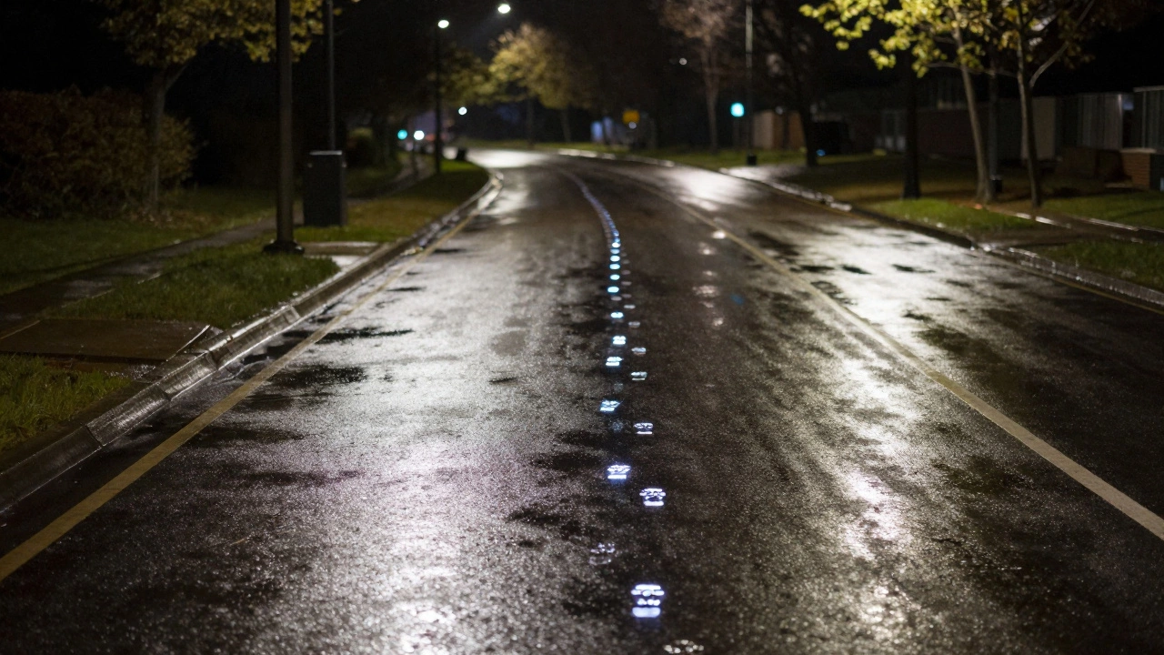 Night path with glowing footprints fading into distance, symbolizing marathon perseverance.