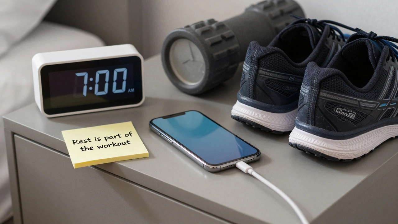 Phone charging next to foam roller and shoes, symbolizing rest as essential recovery.