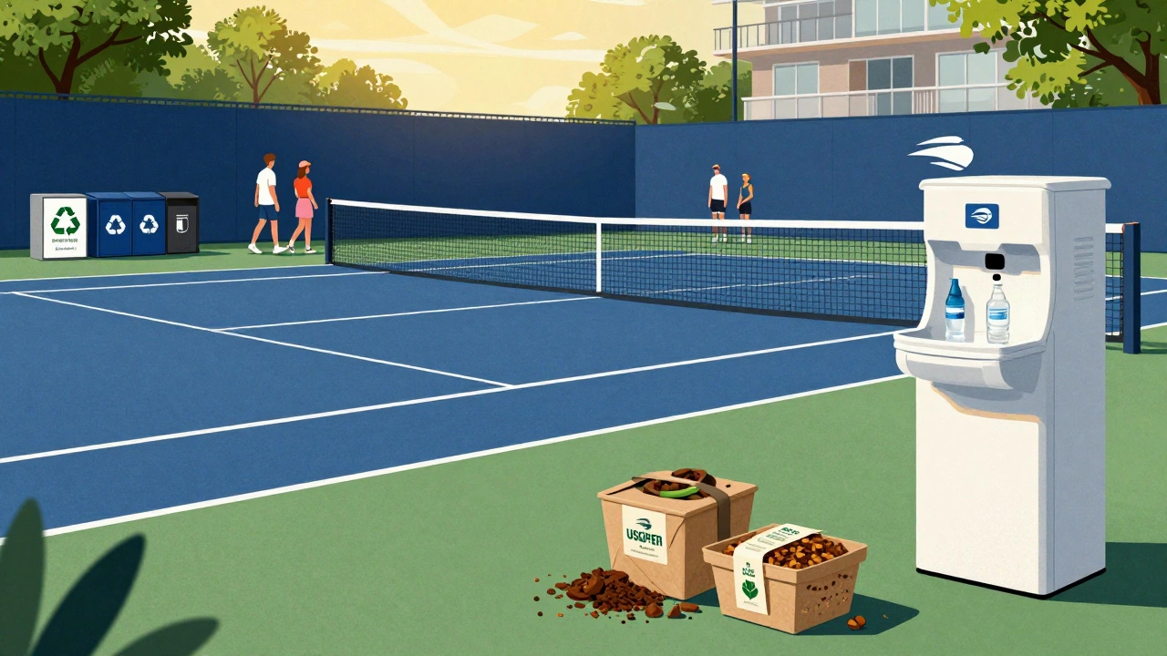 Recycled tennis court with compostable packaging and water refill stations, spectators walking nearby.