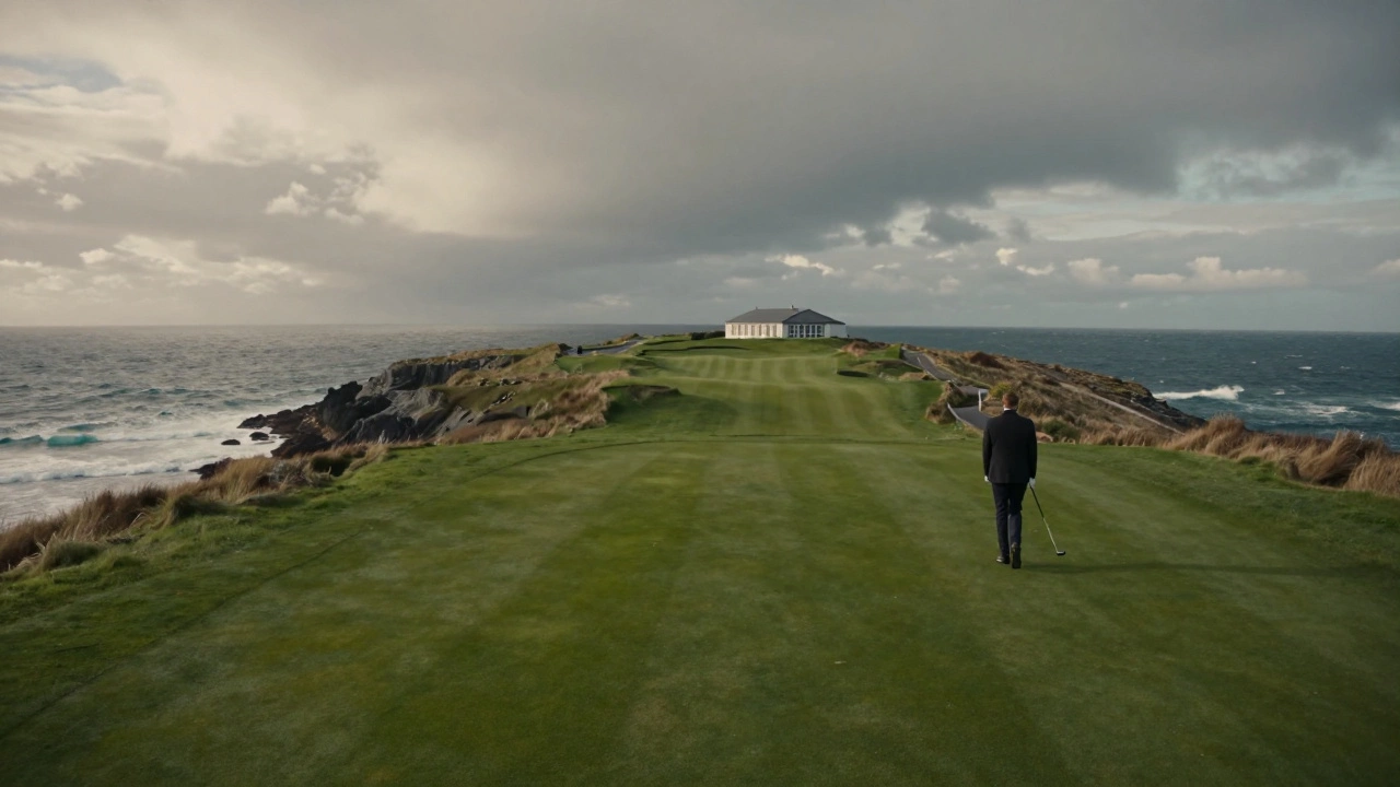 Rugged Irish coastline golf course with cliffs, ocean waves, and a lone golfer on the fairway.