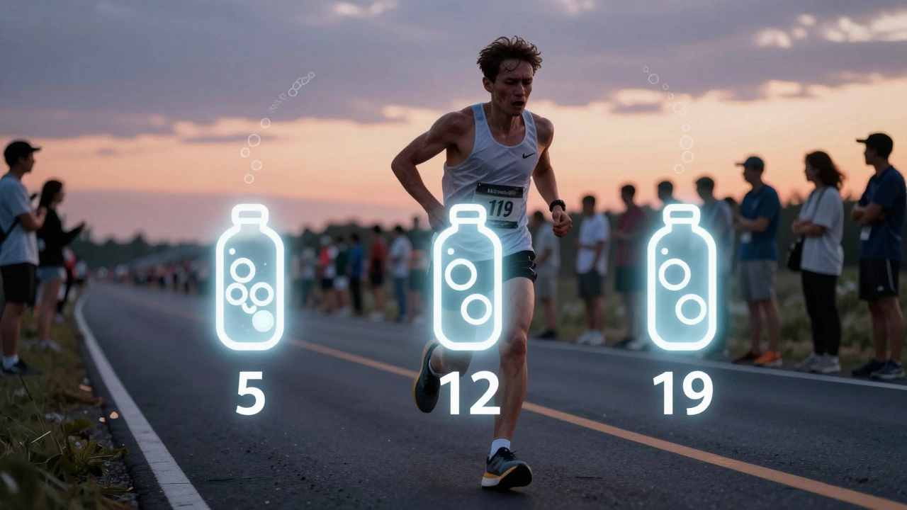 Runner at mile 19 with visual representation of three fueling points along the marathon route.