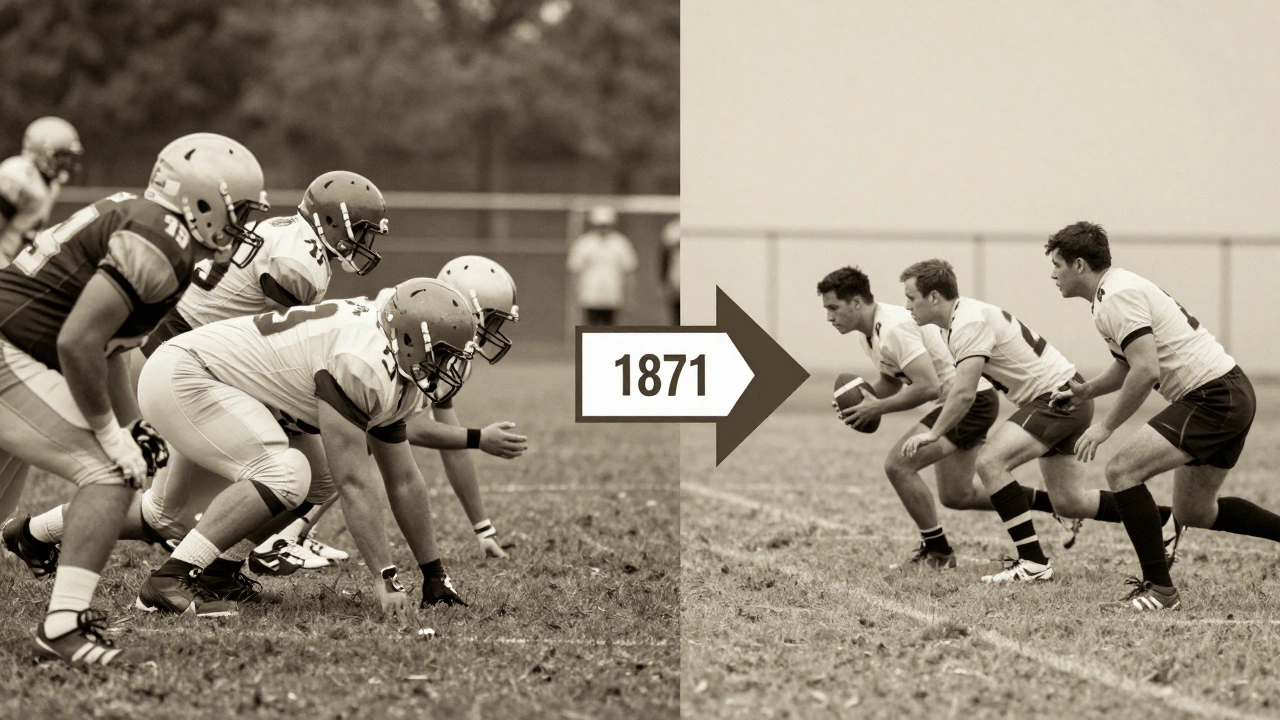 Side-by-side comparison of American football and rugby players, showing their shared history and different equipment.