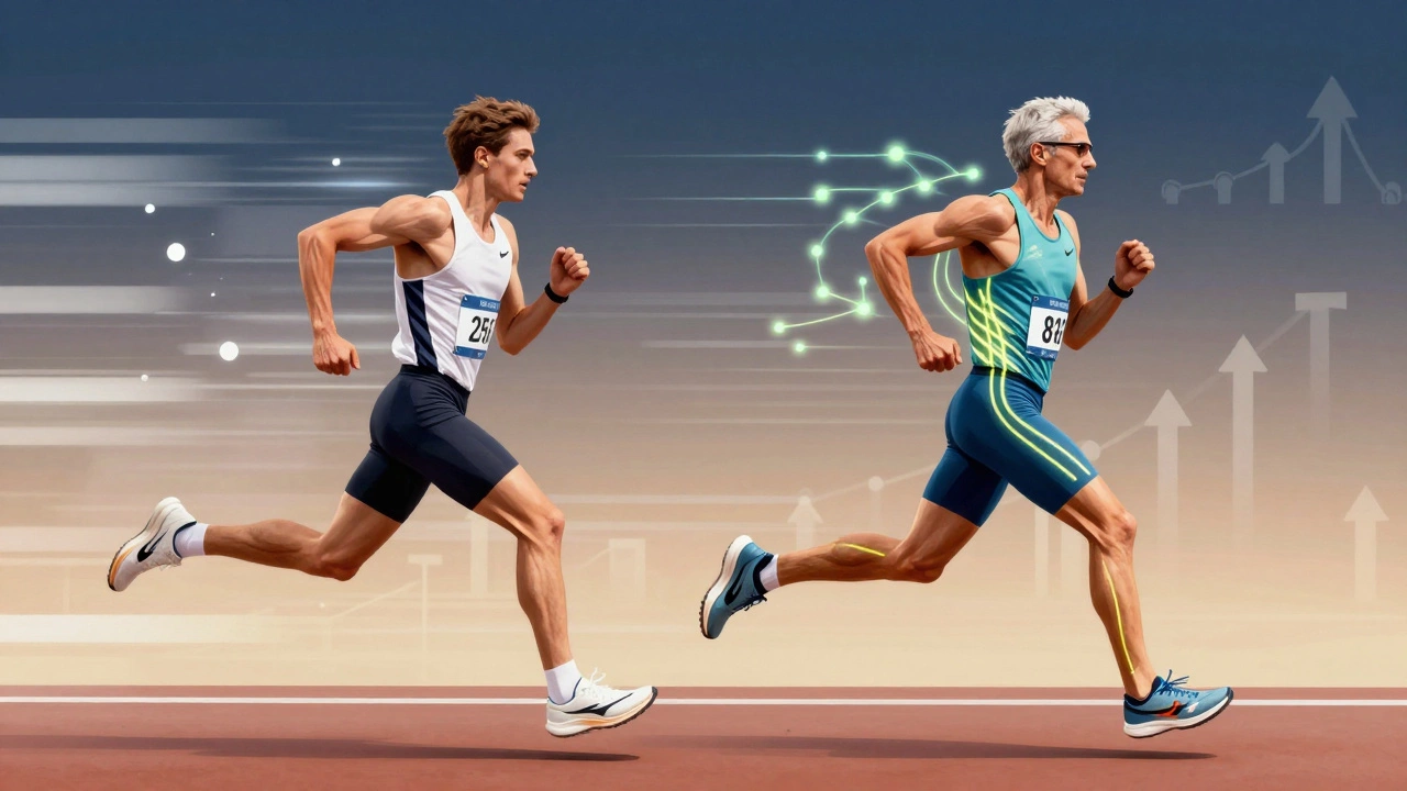 Split-image comparison of young and mature runners showing efficiency in endurance.