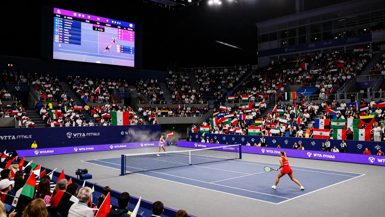 Świątek and Gauff competing in WTA Finals semifinal in Riyadh, fans waving flags in packed stadium.