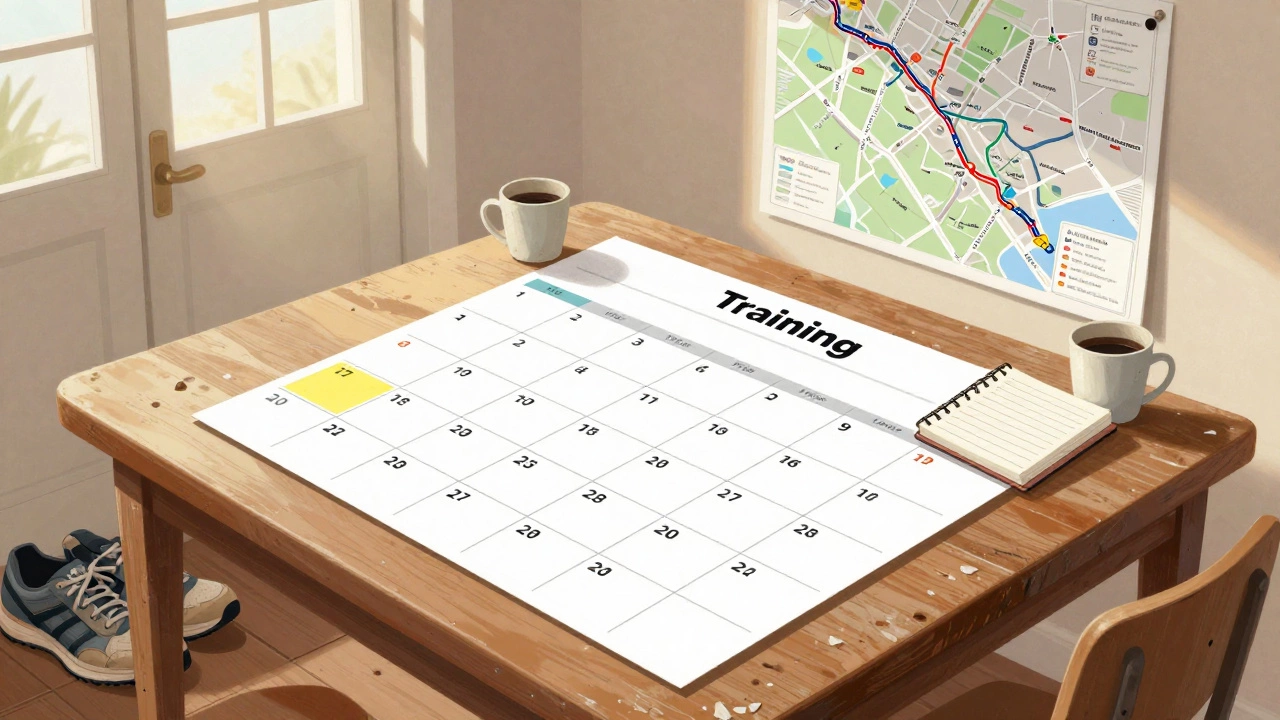 Training calendar on kitchen table with running shoes, coffee cups, and marathon map.