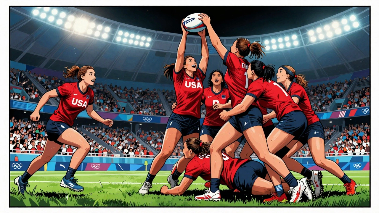 USA Women’s Eagles rugby team celebrating a try at the Olympics, vibrant action, crowd in background.
