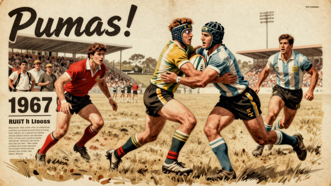 Vintage illustration of 1965 rugby match in South Africa with journalists reacting to players called 'Pumas'.