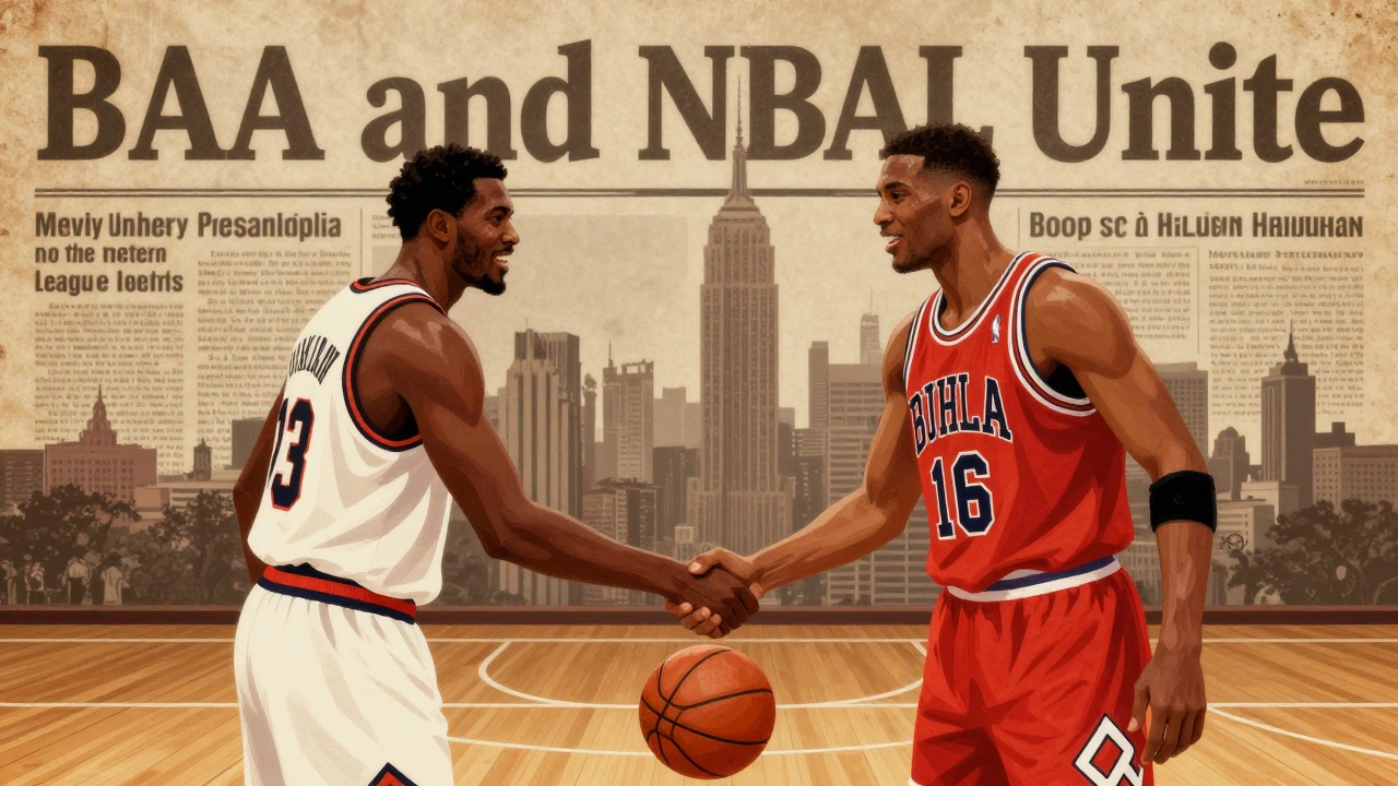 Vintage illustration of BAA and NBL teams shaking hands over a basketball in 1949, marking the birth of the NBA.