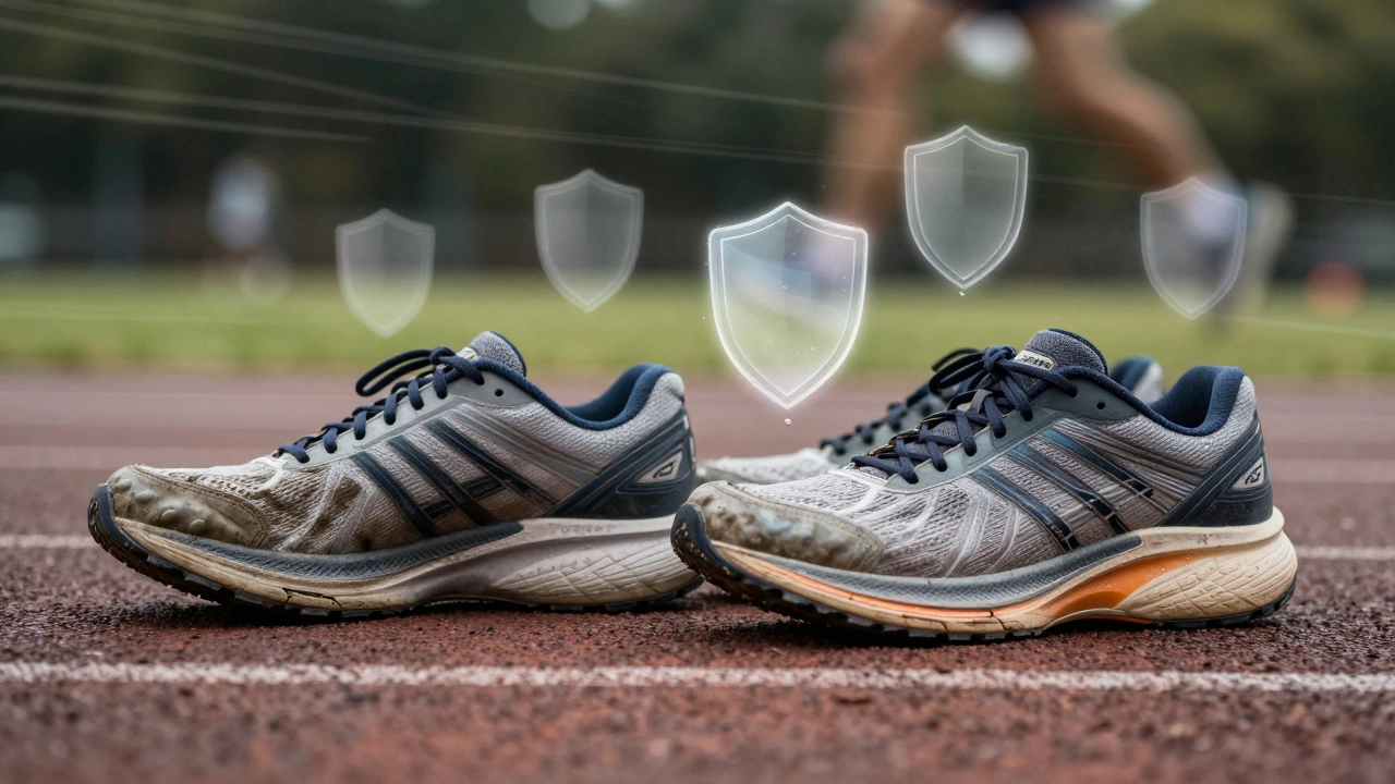 Worn running shoes beside new ones, with symbolic protective elements and motion lines.