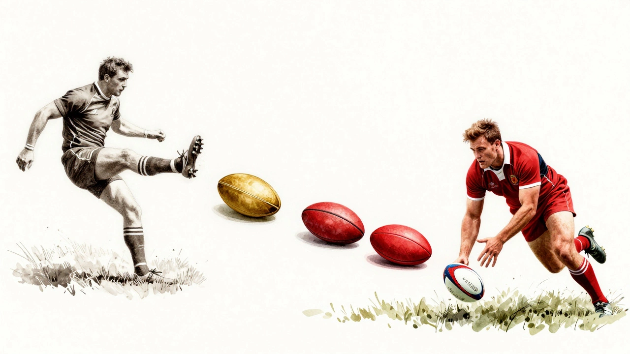 An artistic blend of historical and modern rugby players connected by evolving ball designs.