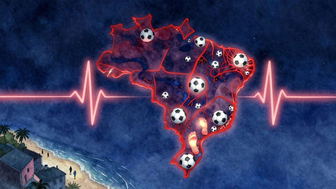 Brazilian map shaped like a heartbeat with soccer balls and players as cultural symbols.