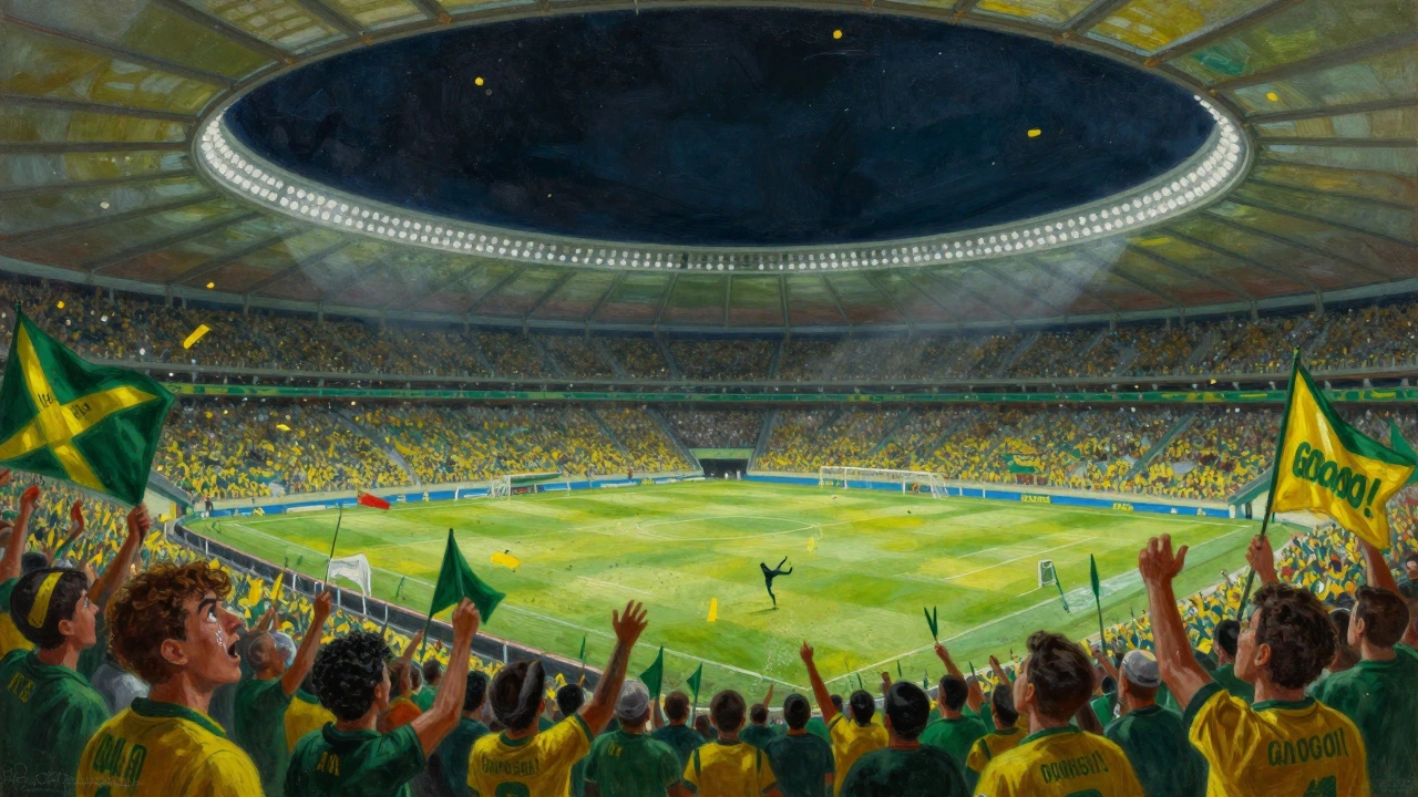 Crowd erupting in celebration at Maracanã Stadium during a dramatic futebol match.