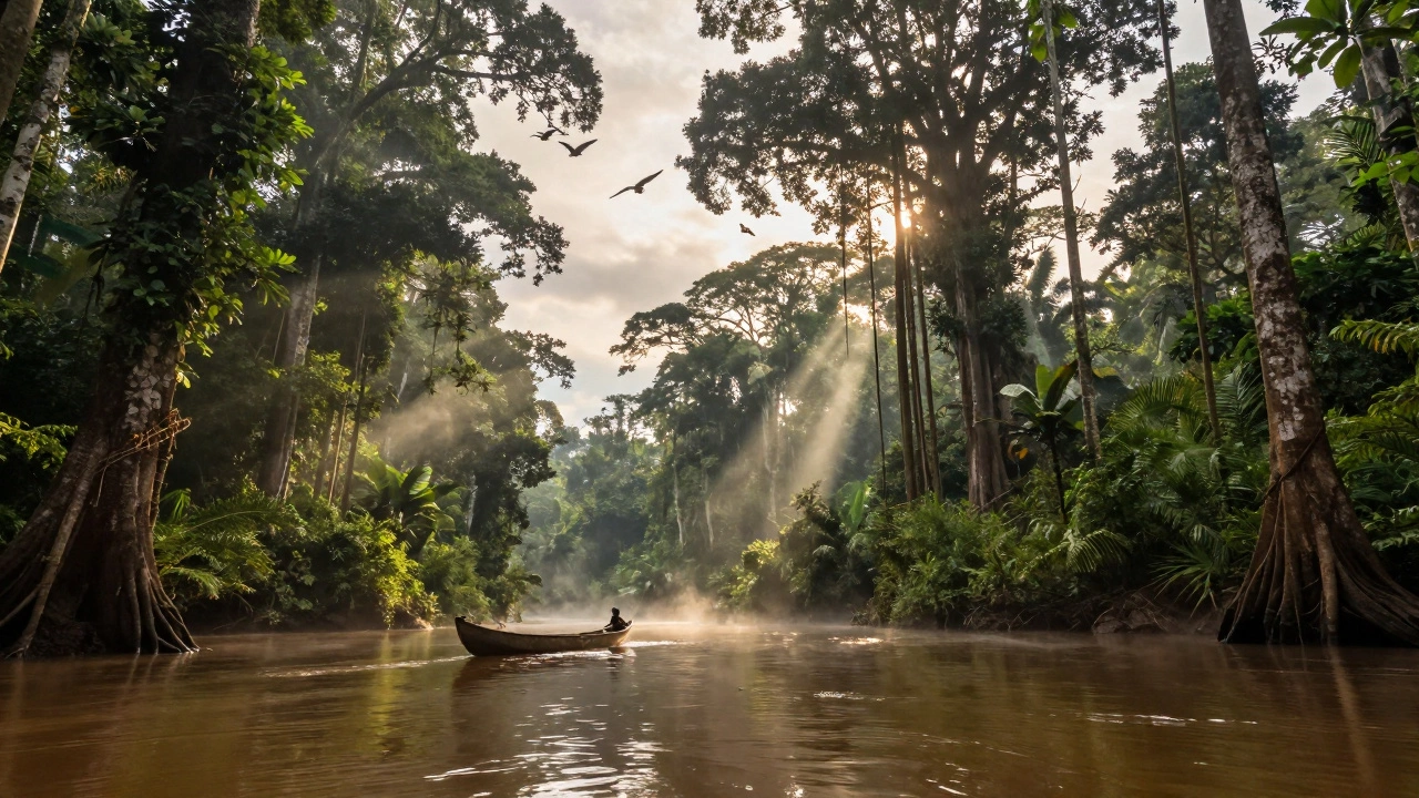 Dawn over the Amazon rainforest with river and indigenous canoe amid dense green canopy.