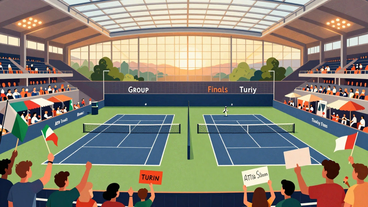 Fans enjoying the ATP Finals festival in Turin with outdoor clinics and autograph booths visible.