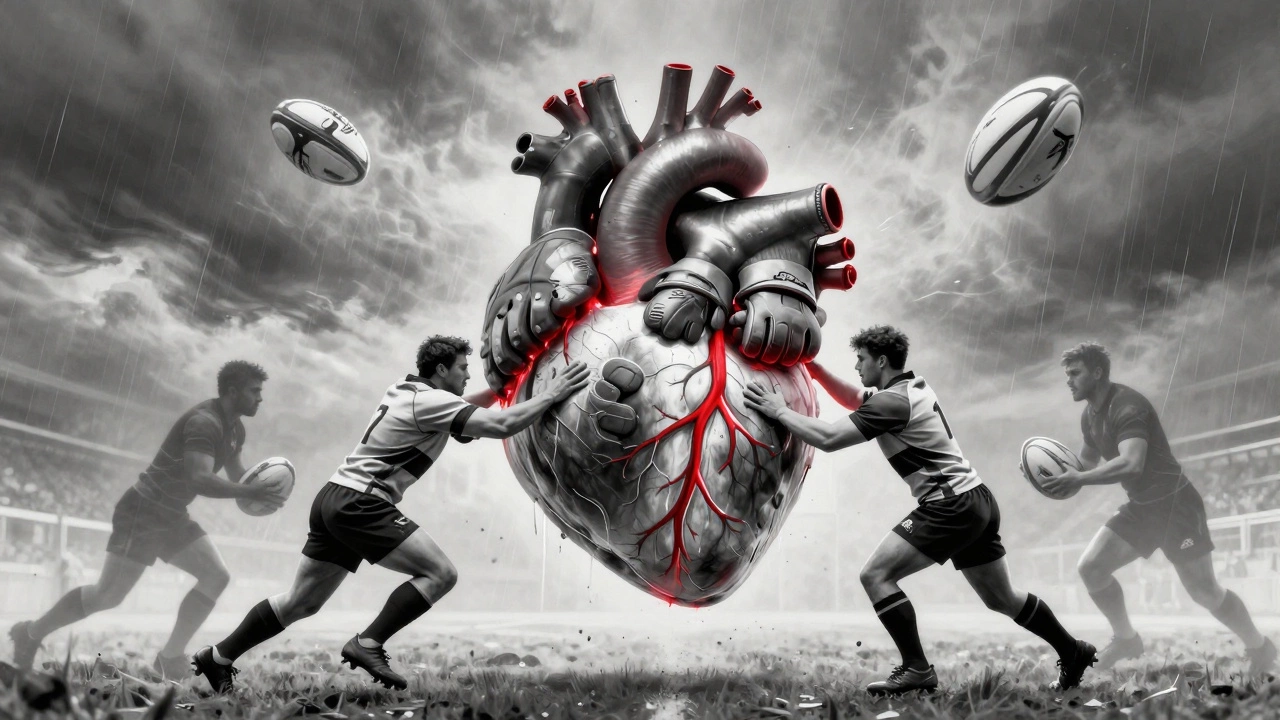 Heart made of rugby gear beating amid tackles and rucks, symbolizing the scrum-half's central role.