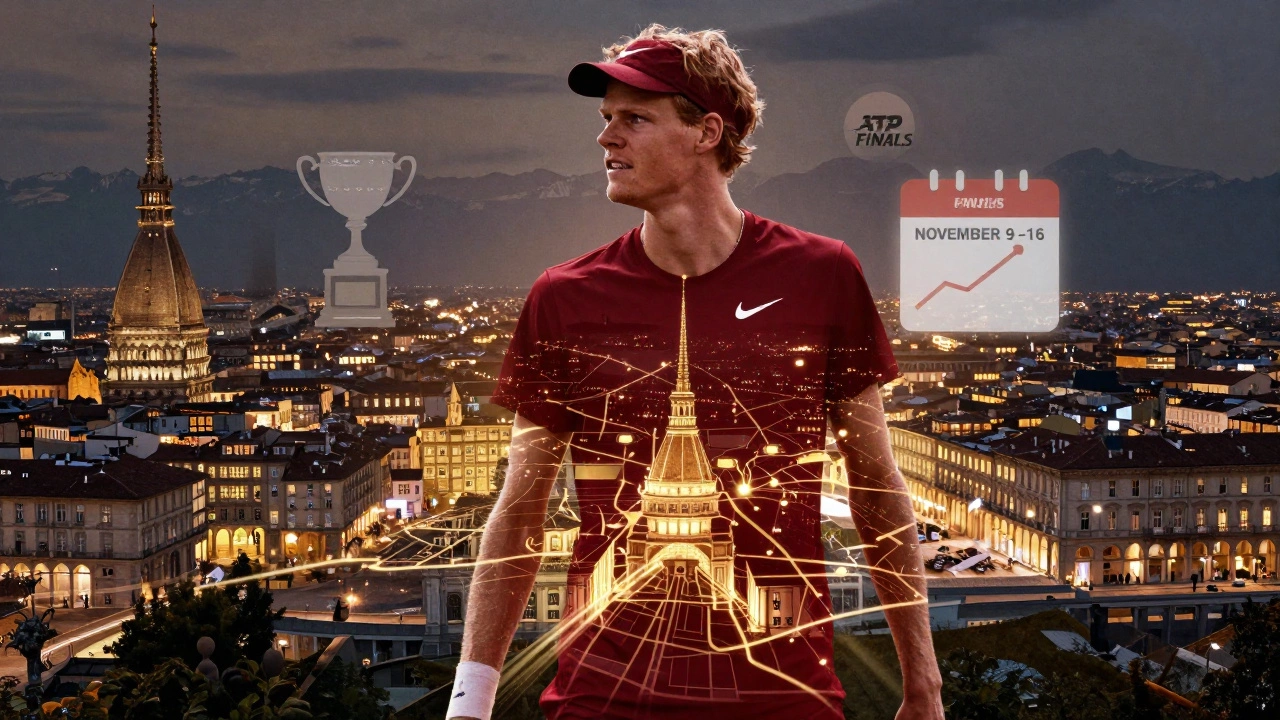 Jannik Sinner's silhouette overlaid with Turin's map and ATP Finals symbols, symbolizing his rise.