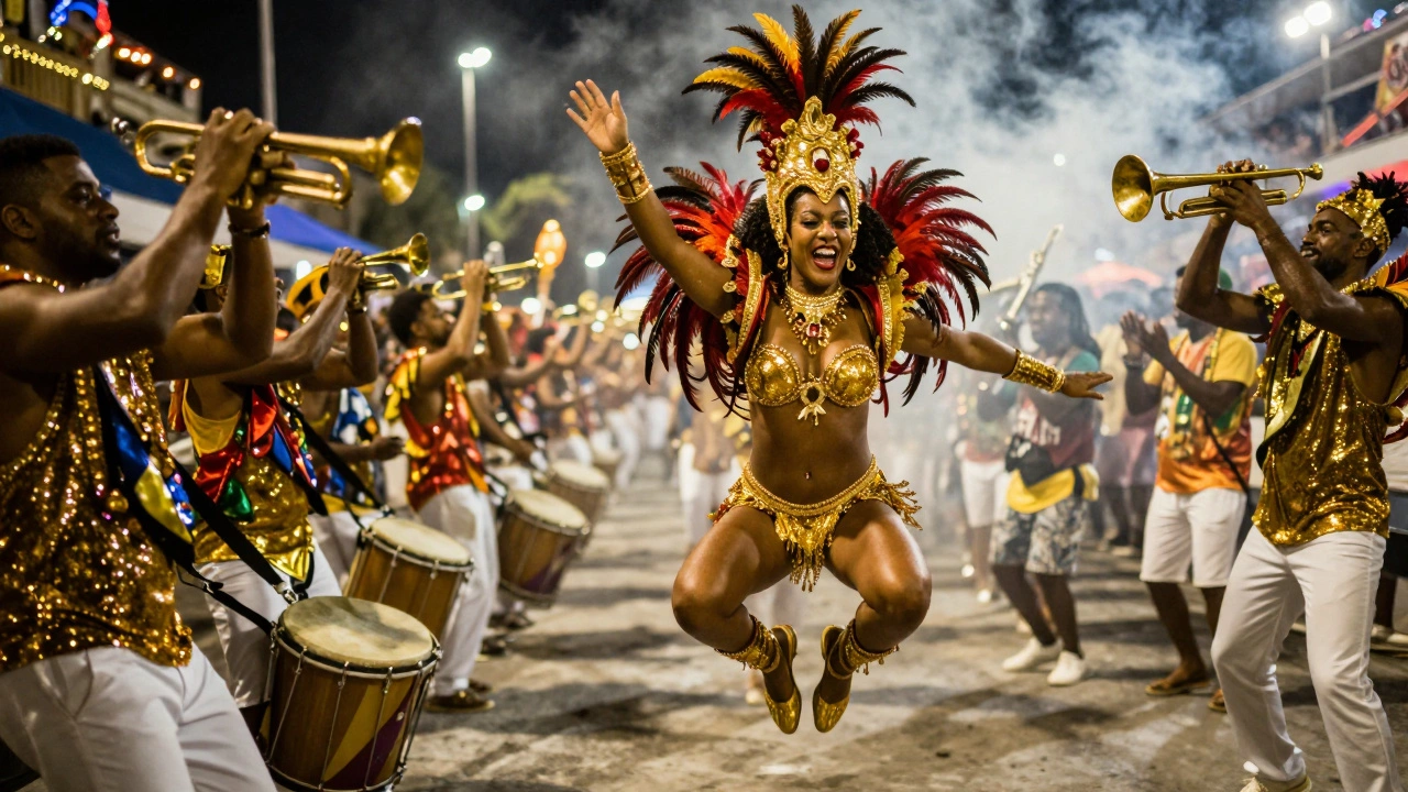 Rio Carnival dancer in elaborate feathered costume leaping amid vibrant street celebration.
