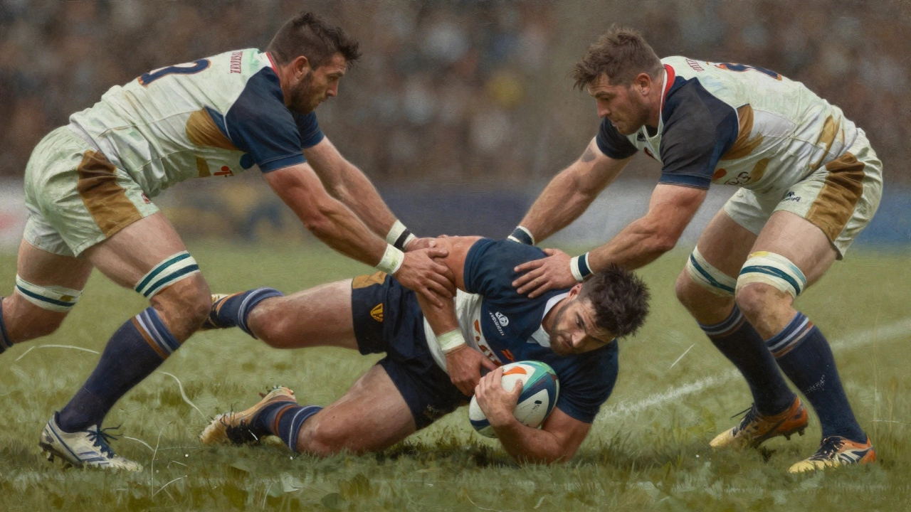 Scrum-half tackled from three sides mid-play, ball barely held as he falls amidst chaos.