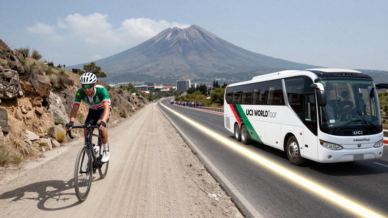 Split image: young rider training in mountains and Mexican team bus in Paris, symbolizing cycling's rise.