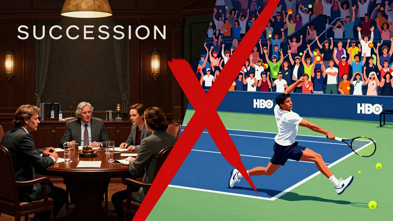 Split-screen: HBO dramas on left, tennis matches on right, crossed out in red.