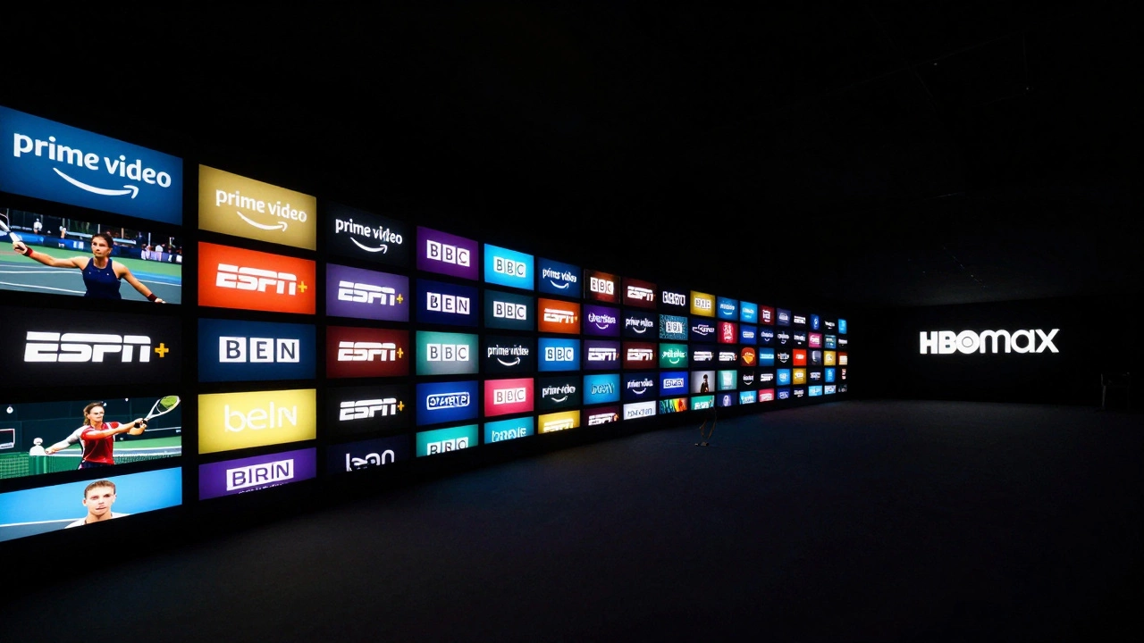 Streaming service shelf with tennis logos lit up, HBO Max dark and isolated.