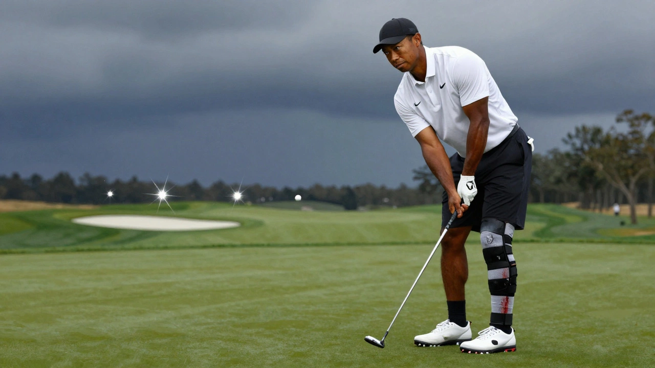 Tiger Woods limping on the 18th hole at Torrey Pines, injured knee, ball in flight at dusk.