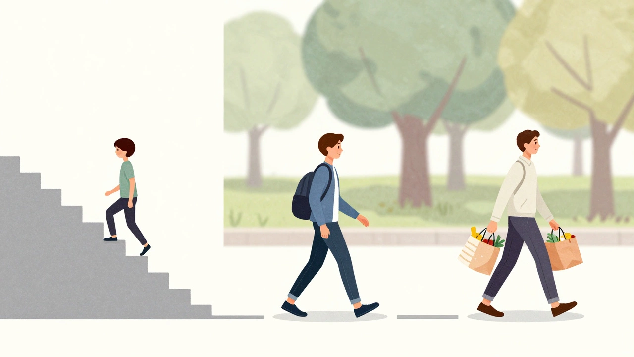 Timeline showing gradual progress from struggling with stairs to carrying groceries easily.