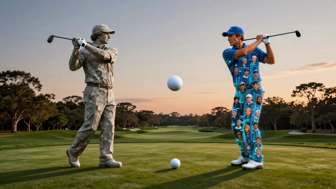 Two giant figures of Nicklaus and Tiger made of courses and data, a golf ball between them at dusk.