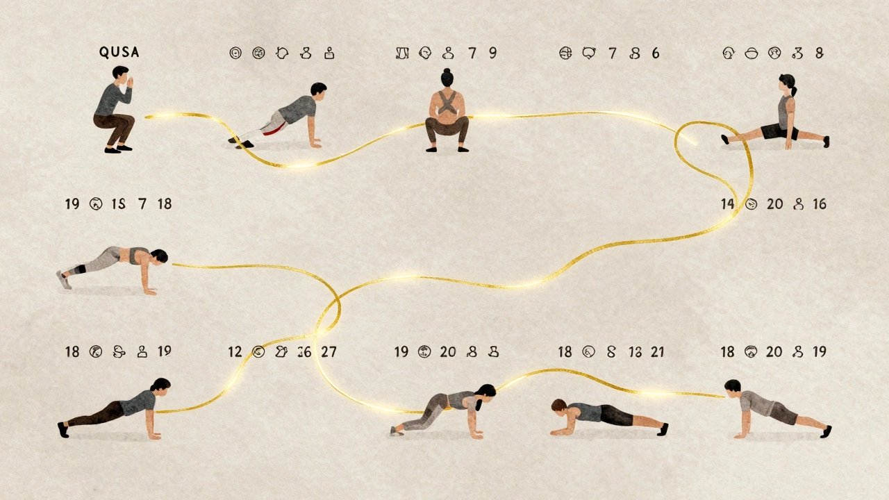 Weekly calendar with seven daily exercises represented by small icons connected by a golden thread.