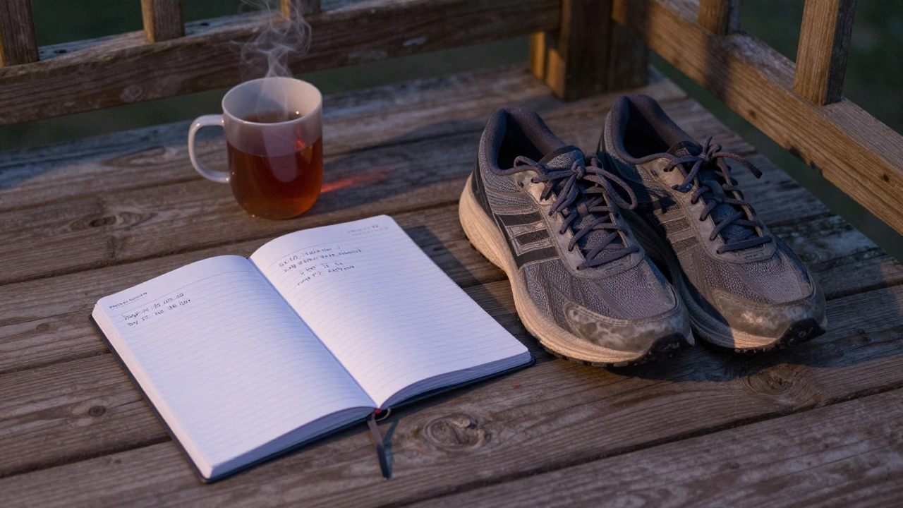 Worn running shoes on a porch next to a notebook with handwritten running logs and a steaming mug at twilight.