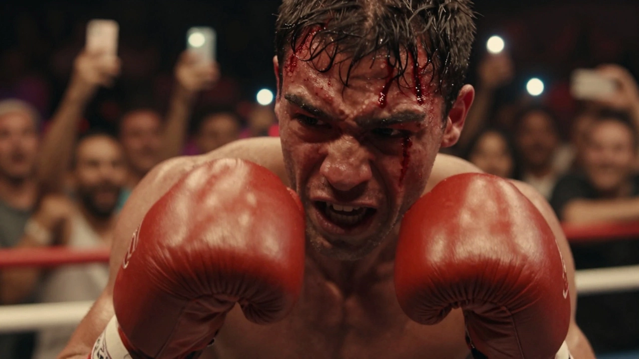 A boxer mid-punch, face bloody and determined, crowd blurred in background.