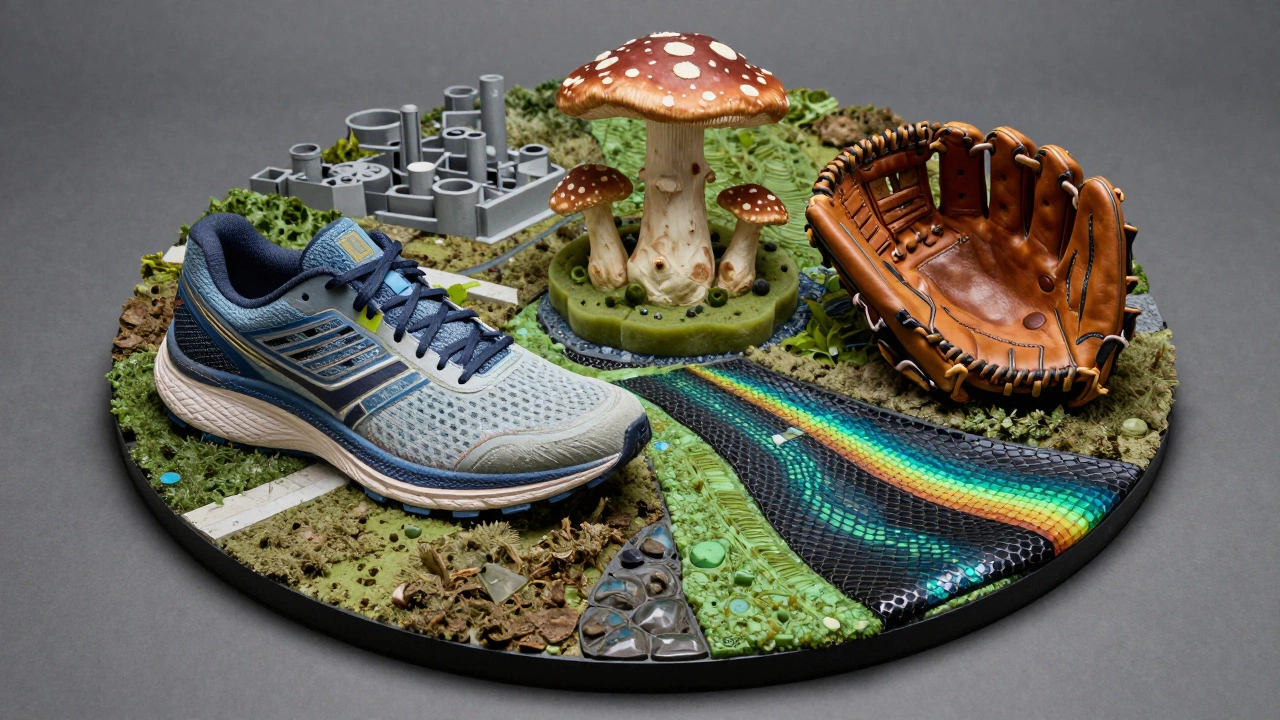A circular mosaic of sustainable sports materials including recycled plastic, mushroom leather, and algae foam.