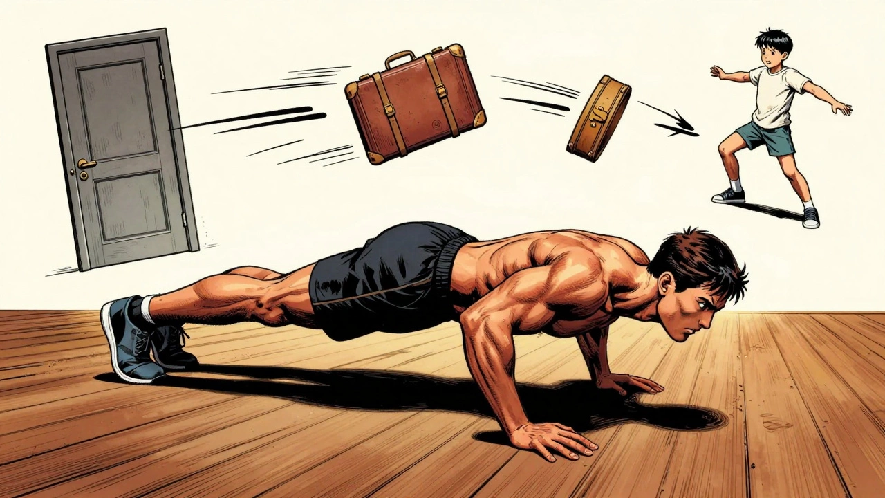 A comic book-style push-up with motion lines showing functional strength for real-world tasks like carrying luggage.