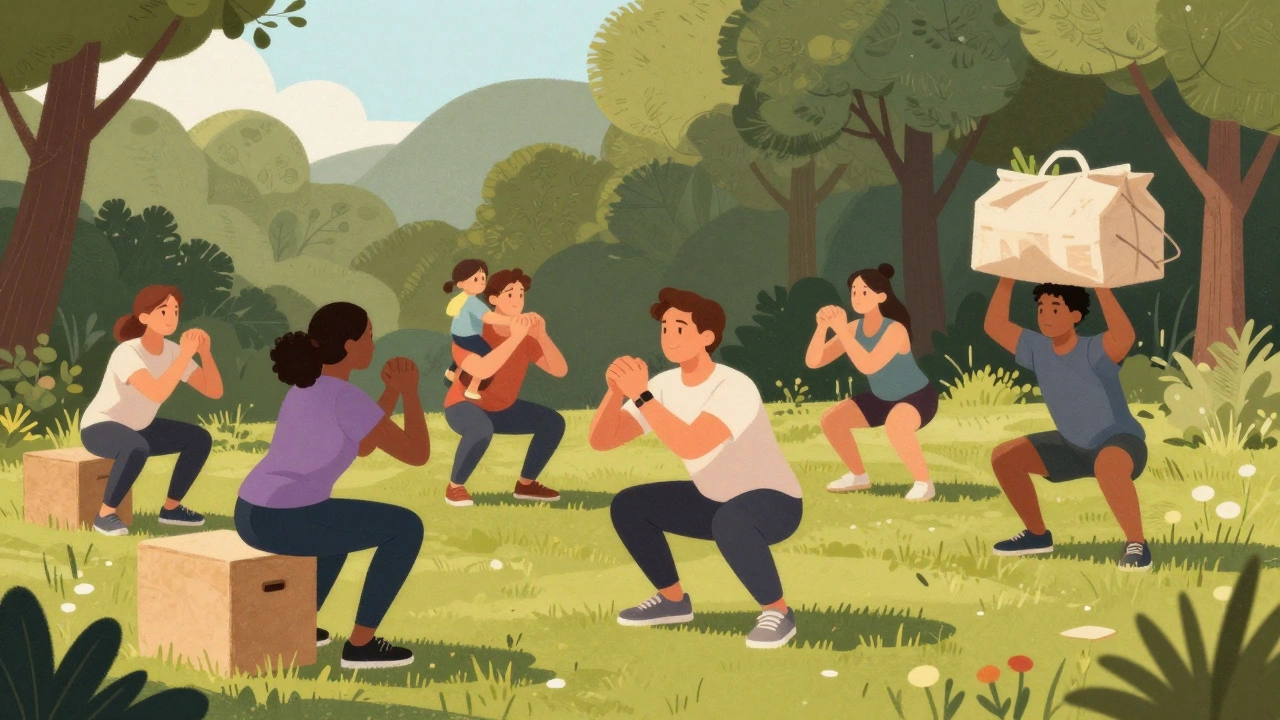 A diverse group of people squatting naturally in an outdoor setting, lifting everyday objects with control and ease.