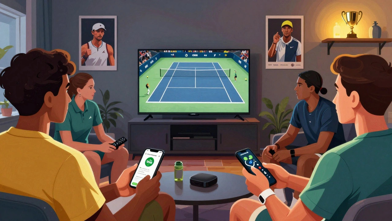 A group of fans watching a tennis match on a smart TV, with streaming devices and phones visible in a cozy, tennis-themed den.