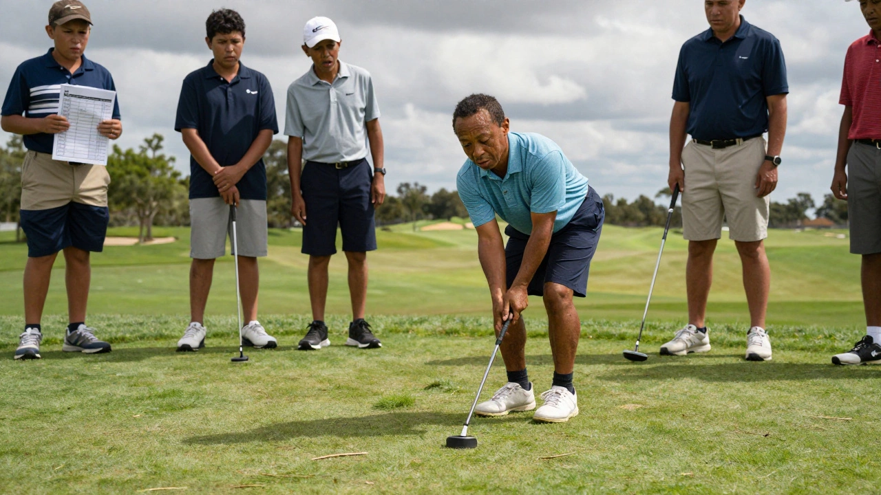 A nine-year-old Tiger Woods makes a clutch putt on a public golf course while older boys watch in shock.