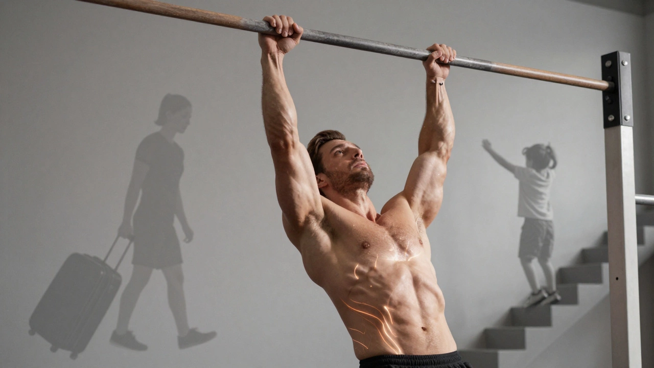 A person doing a pull-up with glowing muscle engagement lines, connected to daily life actions like lifting a child or suitcase.